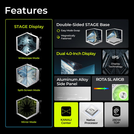 TRYX Stage 360 ARGB White 360mm AIO Dual 4.0'' Screen 720x720 Resolution AIO Cooler 360mm Three Display Modes Customizable Asetek 7th Gen V2 280w TDP ROTA SL ARGB Fans Intel LGA 1851/1700 AMD AM5/AM4