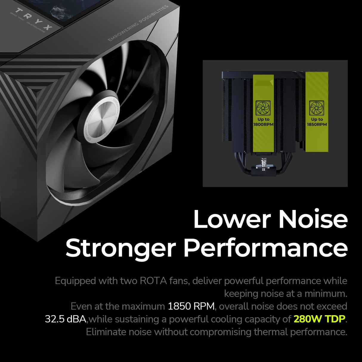 TRYX TURRIS 620 CPU Air Cooler 5.0 IPS Customizable Screen 280w TDP Reflow Soldering Dual Tower CPU Cooler with Display Powered by KANALI Rail-Mounted ROTA Fans for Intel LGA1851/1700 & AMD AM5