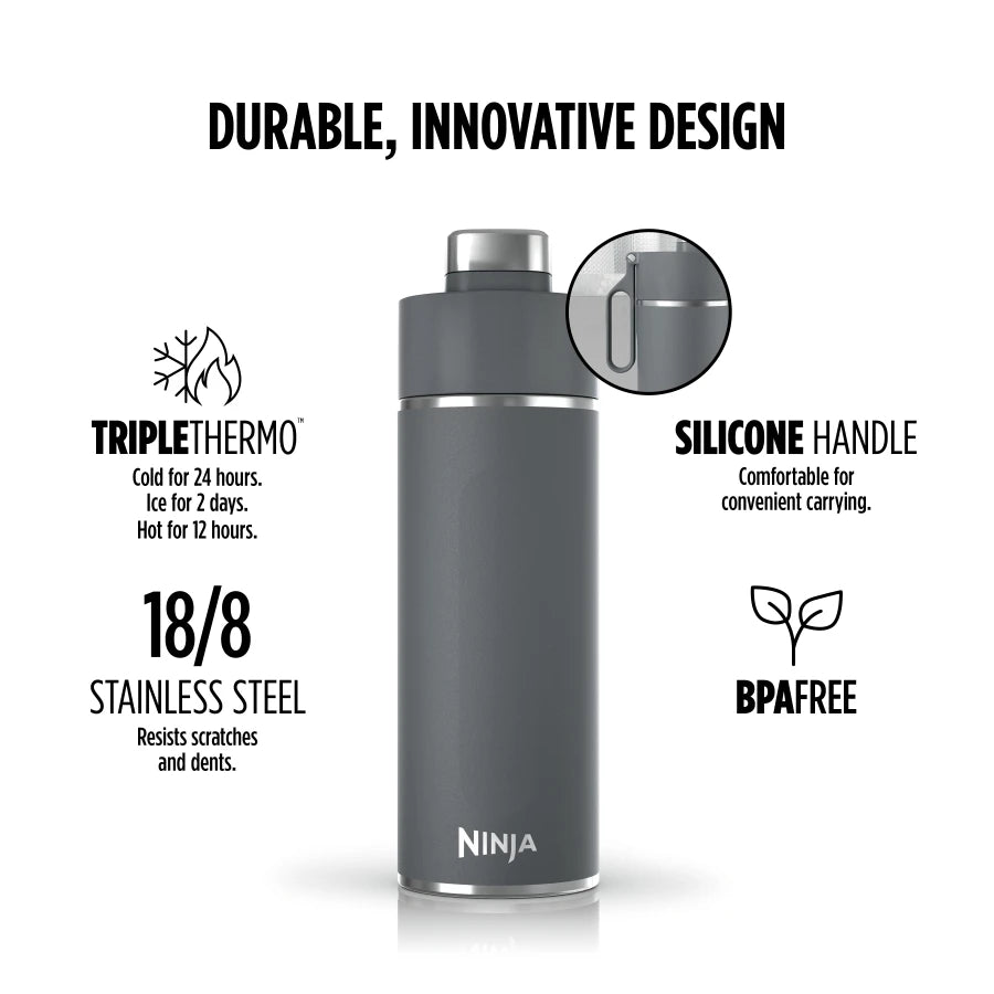 Ninja Thirsti 24oz Travel Bottle for Sparkling Drinks, Fizzier Longer, Leak Proof, 24 Hours Cold, Dishwasher Safe, Insulated Tumbler, Gray, DW2401CMT (Canadian Version) Gray 3.48 in L x 3.19 in W x 10 in H