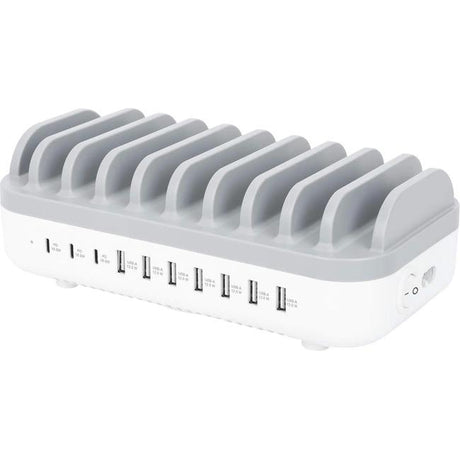 Manhattan 10-Port USB Charging Station - 120 W - 120 W - 120 V AC, 230 V AC Input - 5 V DC/3 A, 9 V DC, 12 V DC Output - White, Gray