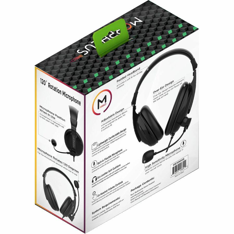 Morpheus 360 Basic Multimedia Stereo Headset - Adjustable Microphone - Lightweight Comfortable Design - Soft Eco Leather Ear Cushions - Over Ear - Black - HS3000S