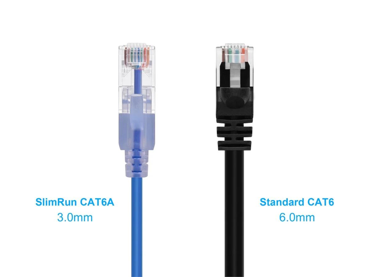Monoprice SlimRun Cat6A Ethernet Patch Cable - Network Internet Cord - RJ45, Stranded, UTP, Pure Bare Copper Wire, 30AWG, 6in, Blue, 10-Pack