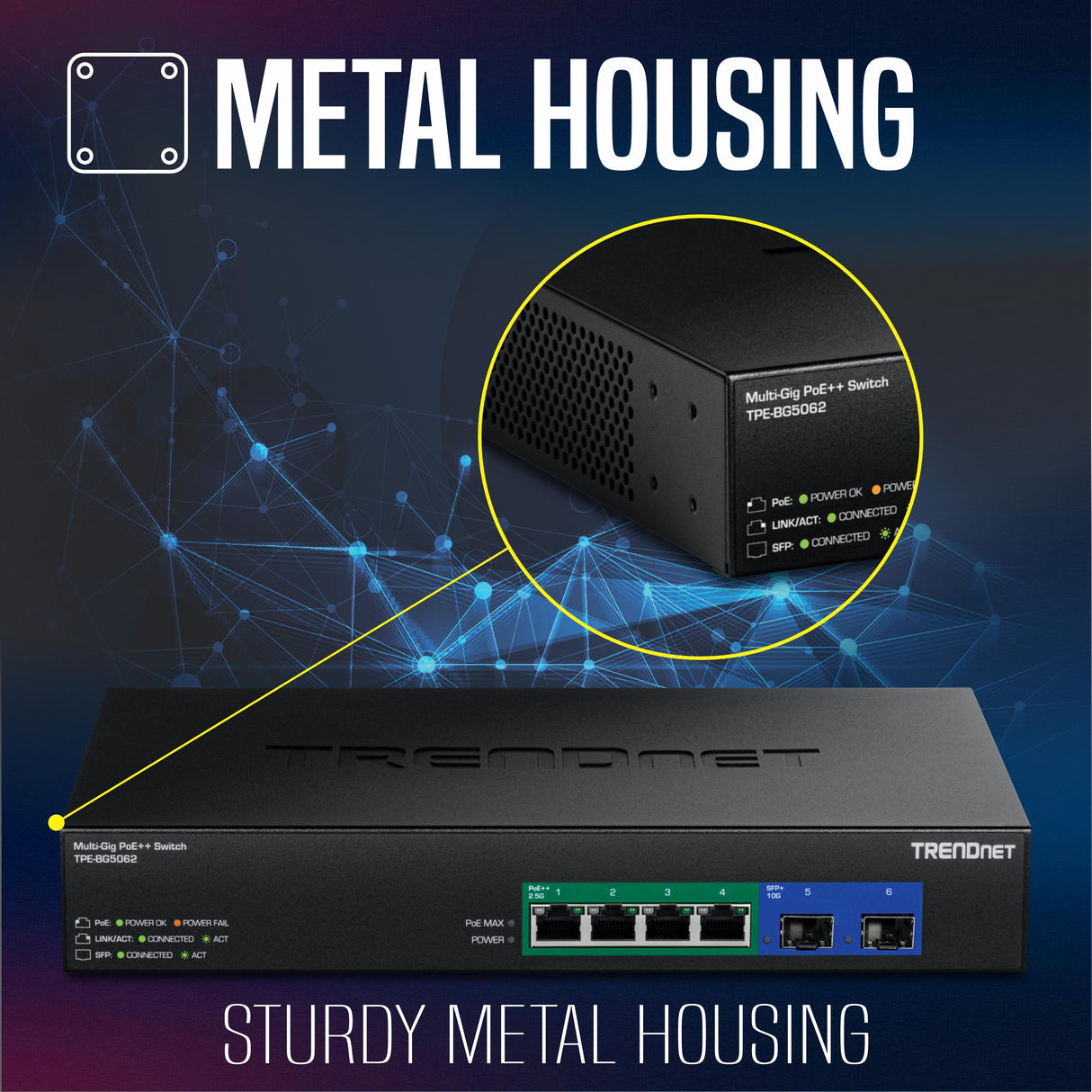 TRENDnet TPE-BG5062, 6-Port 2.5G GaN Power PoE++ Switch with 10G SFP+ Ports (240W)