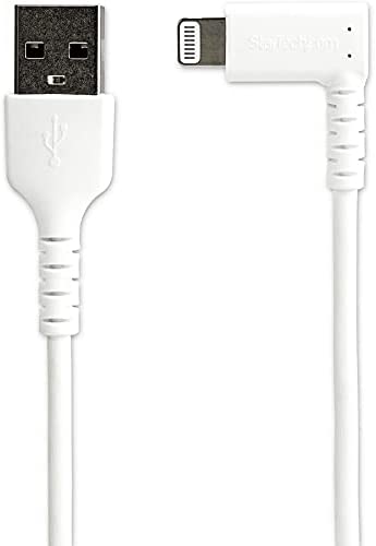 StarTech.com 1m USB A to Lightning Cable - Durable 90 Degree Right Angled White USB Type A to Lightning Connector Sync &amp; Charger Cord w/Aramid Fiber Apple MFI Certified iPad iPhone 11 (RUSBLTMM1MWR) White 1m