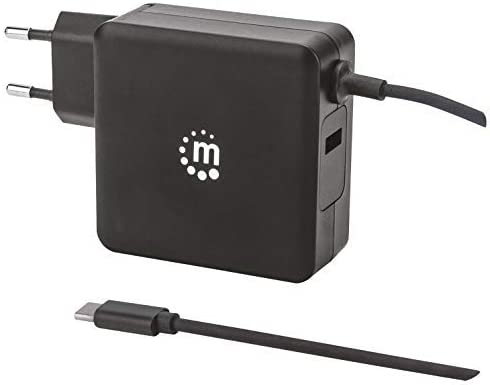 Manhattan Power Delivery Wall Charger with Built-in USB-C Cable – 60 W USB-C Power Delivery Connector (Up to 60 W), USB-A Charging Port (Up to 2.4 A), Black