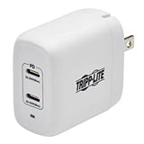 Tripp Lite USB-C Dual-Port Wall Charger, Compact Travel Size Folding Plug, USB 3.0, 40W Power Delivery Charging, Temperature Cooling Gallium Nitride Technology, 2-Year Warranty (U280-W02-40C2-G)