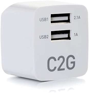 C2g/ cables to go C2G 22322 2-Port USB Foldable Wall Charger for Apple, Android and Tablets - Compatible with Samsung and iPhone - AC to USB Adapter, 5V 2.1A Output, White 2.1A Dual Port