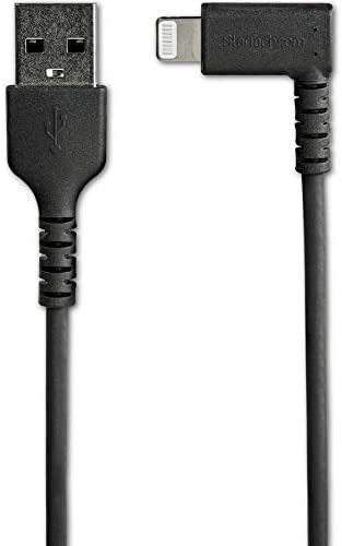 StarTech.com 6ft (2m) Durable USB A to Lightning Cable - Black 90 Right Angled Heavy Duty Rugged Aramid Fiber USB Type A to Lightning Charging/Sync Cord - Apple MFi Certified - iPhone (RUSBLTMM2MBR) Black 2m