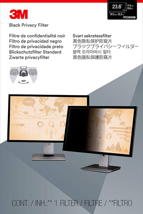 3M Computer Privacy Screen Filter for 23.6 inch Monitors - Black - Widescreen 16:9 - PF236W9B Black 23.6" - Dealtargets.com