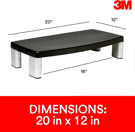 3M Extra Wide Adjustable Monitor Stand, Three Leg Segments Simply Adjust Height from 1" to 5 7/8", Sturdy Platform Holds Up to 40 lbs, 16-inch Space Between Columns for Storage, Silver/Black (MS90B) 20-Inches Wide 1 Pack - Dealtargets.com