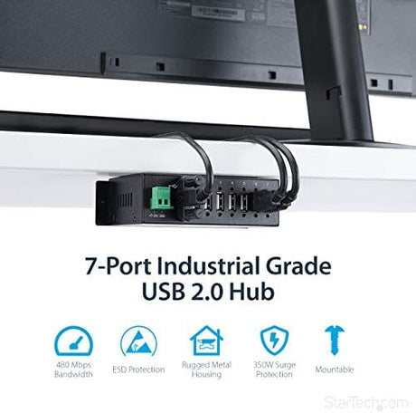 StarTech.com 7-Port USB 2.0 Hub - Metal Industrial USB-A Hub with ESD Protection &amp; 350W Surge Protection - Din Rail, Wall or Desk Mountable - TAA Compliant USB Expander Hub (ST7200USBM) 7 Port USB 2.0