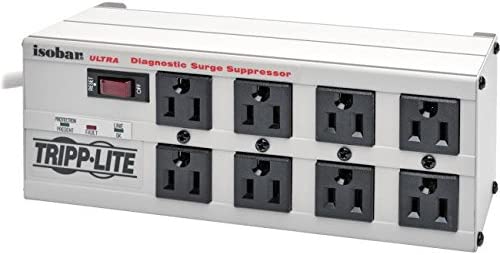 Tripp Lite Isobar 8 Outlet Surge Protector Power Strip, 25ft Long Cord, Right-Angle Plug, Metal, &amp; $50,000 INSURANCE (ISOBAR825ULTRA) Gray 25 ft Cord Outlet