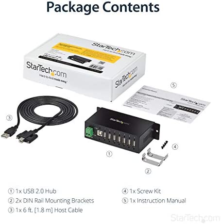 StarTech.com 7-Port USB 2.0 Hub - Metal Industrial USB-A Hub with ESD Protection &amp; 350W Surge Protection - Din Rail, Wall or Desk Mountable - TAA Compliant USB Expander Hub (ST7200USBM) 7 Port USB 2.0