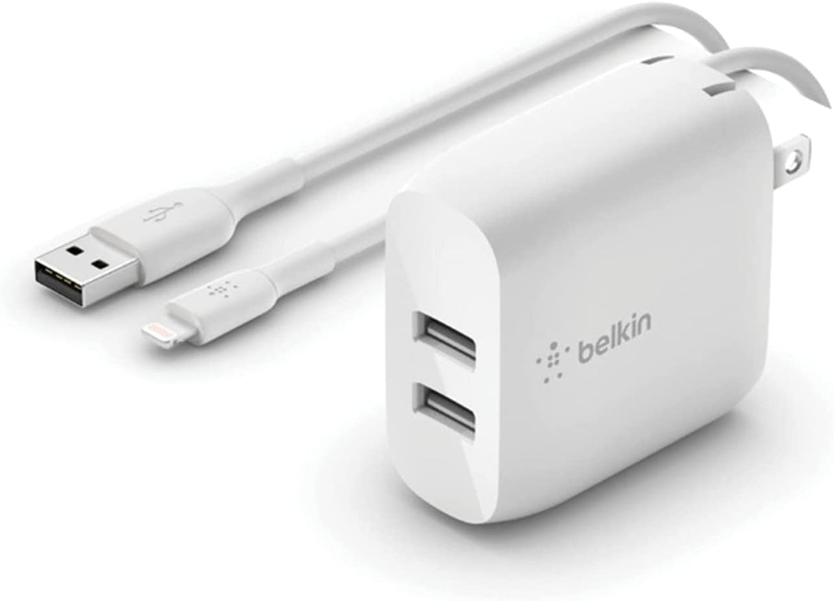 Belkin 24W Dual Port USB Wall Charger - Lightning Cable Included - iPhone Charger Fast Charging - USB Charger Block for Power Bank, iPhone 14, iPhone 13, iPhone 12, iPhone 11, iPad Pro, Samsung &amp; more
