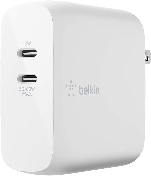 Belkin USB-PD GaN Charger 68W, White &amp; BoostCharge Pro Flex Braided USB Type C to C Cable (2M/6.6FT), USB-IF Certified Power Delivery PD Fast Charging Cable White Standalone Charger + Cable White
