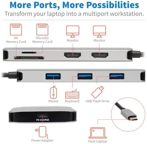 Tripp Lite USB-C Two-Monitor HDMI Laptop/Smart Phone Docking Station, 4K @ 60 Hz (4:4:4), USB-A Hub, SD &amp; MicroSD Memory Card, 100W Power Delivery USB-C Charging, 3-Year Warranty (U442-DOCK8-GG) Two-Monitor HDMI USB Hub