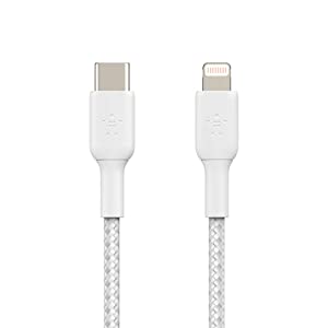 Belkin BoostCharge Nylon Braided USB C to Lightning Cable 6.6ft/2M - MFi Certified 18W Power Delivery iPhone Charger Cord - Apple Charger USB C Cable - Fast Charging for iPhone 14, iPhone 13 - White White 6.6 ft Braided USB C Cable