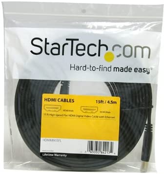 StarTech.com 15 ft Flat High Speed HDMI Cable with Ethernet - Ultra HD 4k x 2k HDMI Cable - HDMI to HDMI M/M - Flat HDMI Cable (HDMIMM15FL) Black 15 ft / 4.5m Flat