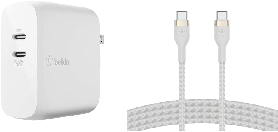 Belkin USB-PD GaN Charger 68W, White &amp; BoostCharge Pro Flex Braided USB Type C to C Cable (2M/6.6FT), USB-IF Certified Power Delivery PD Fast Charging Cable White Standalone Charger + Cable White