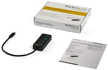 StarTech.com 4 Port USB C Hub - USB-C to 4x USB 3.0 Type-A Ports with Individual On/Off Port Switches - SuperSpeed 5Gbps USB 3.1/3.2 Gen 1 - USB Bus Powered - Portable - 10" Attached Cable (HB30C4AIB) 4 x USB-A Black with Individual On/Off