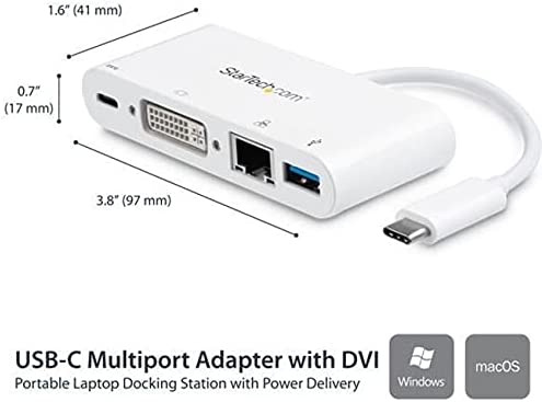 StarTech.com USB C Multiport Adapter - USB-C to DVI-D (Digital) Video Adapter with 60W Power Delivery Passthrough Charging, GbE, USB-A - Portable USB Type-C/Thunderbolt 3 Mini Laptop Dock (DKT30CDVPD) 1x USB-A 3.0 | DVI-D