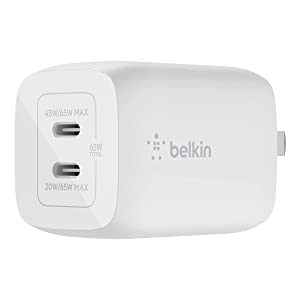 Belkin 65W Dual USB-C Wall Charger, Fast Charging Power Delivery 3.0 with GaN Technology for iPhone 14, 13, Pro, Pro Max, Mini, iPad Pro 12.9, MacBook, Galaxy S23, S23+, Ultra, Tablet, More - White