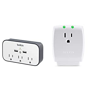 Belkin Wall Mount Surge Protector (530 Joules) &amp; 1-Outlet Home Series SurgeCube - Grounded Outlet Portable Wall Tap Adapter with Ground &amp; Protected Light Indicators - White, 1080 Joules