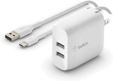 Belkin 24W Dual Port USB Wall Charger - USB C Cable Included - iPhone Charger Fast Charging - USB Charger Block for Power Bank, iPad &amp; iPad Pro, Samsung Galaxy S20, Samsung Note, Google Pixel &amp; More