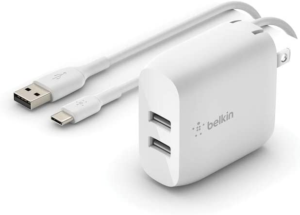 Belkin 24W Dual Port USB Wall Charger - USB C Cable Included - iPhone Charger Fast Charging - USB Charger Block for Power Bank, iPad &amp; iPad Pro, Samsung Galaxy S20, Samsung Note, Google Pixel &amp; More