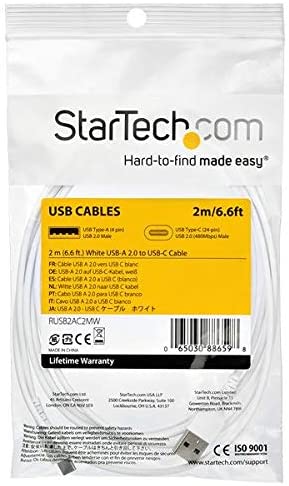 StarTech.com 2m USB A to USB C Charging Cable - Durable Fast Charge &amp; Sync USB 2.0 to USB Type C Data Cord - Rugged TPE Jacket Aramid Fiber M/M 60W White - Samsung S10, iPad Pro, Pixel (RUSB2AC2MW) White 2m