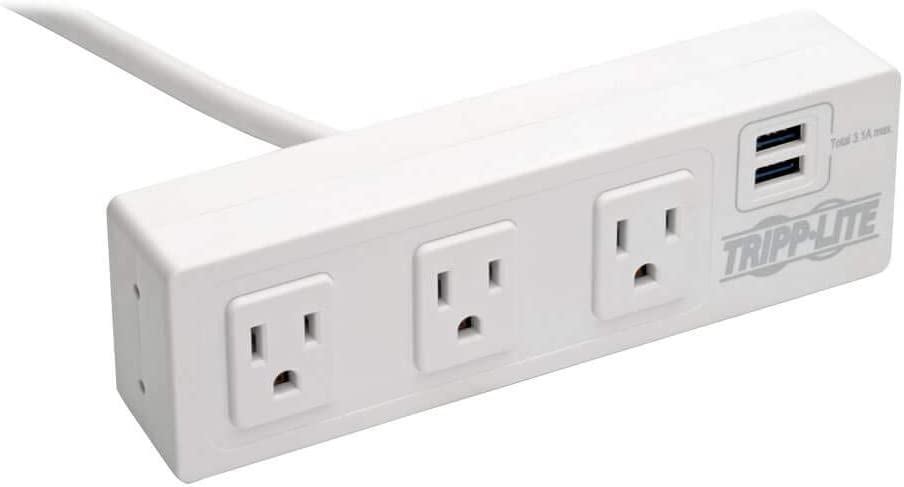 Tripp Lite Surge Protector Power Strip 3-Outlet with 2-Port USB Charging Ports, Desk Clamp, White 510 Joules (TLP310USBCW)
