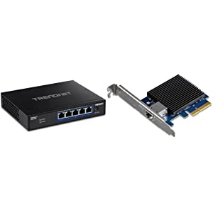 TRENDnet 5-Port 10G Switch, 5 x 10G RJ-45 Ports, Black, TEG-S750 &amp; 10 Gigabit PCIe Network Adapter, Converts A PCIe Slot Into A 10G Ethernet Port, Supports 802.1Q Vlan, Silver, TEG-10GECTX 5-Port Switch + Network Adapter