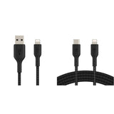 Belkin Braided Lightning Cable 6.5ft/2m, Black (CAA002bt2MBK) &amp; Braided USB C to Lightning Cable MFi Certified iPhone Fast Charger Type C 6.6FT/2M (Black) Black 6.6 FT Braided Cable + USB C Lightning Cable