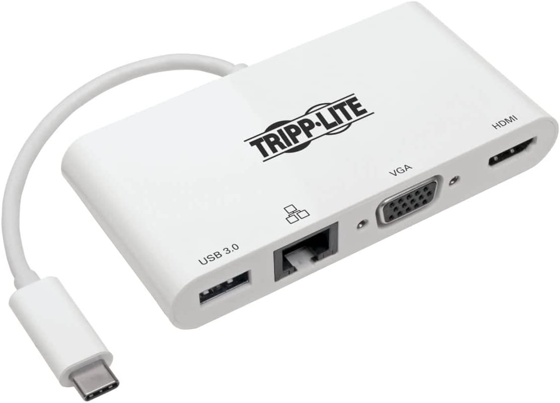 Tripp Lite USB-C Hub with 4K HDMI, 1080P VGA, Gigabit Ethernet, USB-A 3.0, Thunderbolt 3, DisplayPort Alt Mode, 5 Gbps, White (U444-06N-HV4GU) White USB/GbE/VGA/HDMI