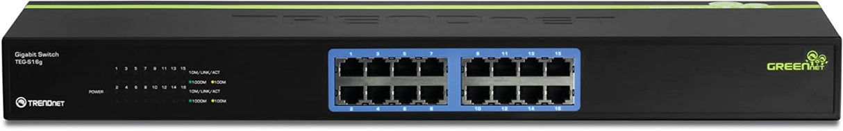 TRENDnet - TEG-S16G 16-Port Unmanaged Gigabit GREENnet Switch, TEG-S16G, 16 x RJ-45 Ports, 32 Gbps Switching Capacity, Fanless, Rack Mountable, Network Ethernet Switch, Lifetime Protection Black 16-Port Metal Rack Mount
