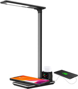 Royal Sovereign 5-in-1 LED Desk Lamp – Fast Wireless Charging Pad, USB Fast Charging, Apple Watch and Air Pod Charging Base, with 4 Brightness Modes and Adjustable Dimming, Black, Small