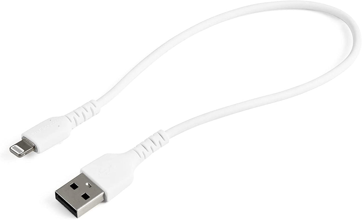 StarTech.com 12inch (30cm) Durable White USB-A to Lightning Cable - Heavy Duty Rugged Aramid Fiber USB Type A to Lightning Charger/Sync Power Cord - Apple MFi Certified iPad/iPhone 12 (RUSBLTMM30CMW) White 30cm