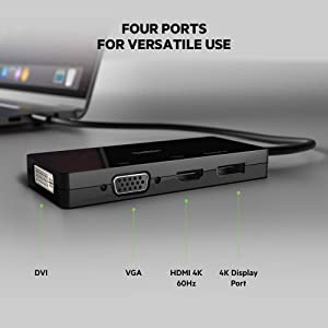 Belkin USB C Video Adapter, 4-in-1 MultiPort Adapter - USB C Video Adapter For MacBook Pro, MacBook Air, iPad Pro &amp; Mac Mini - HDMI, VGA, DisplayPort, Or DVI Video Display W/ Tethered USB C Cable USB-C to VGA/DVI/HDMI/DisplayPort