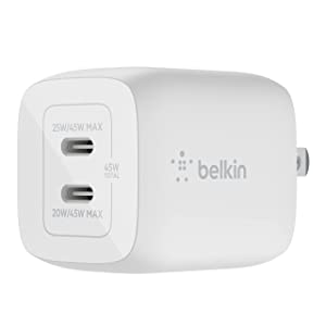 Belkin 45W Dual USB-C Wall Charger, Fast Charging Power Delivery 3.0 with GaN Technology for iPhone 14, 13, Pro, Pro Max, Mini, iPad Pro 12.9, MacBook, Galaxy S23, S23+, Ultra, Tablet, More - White