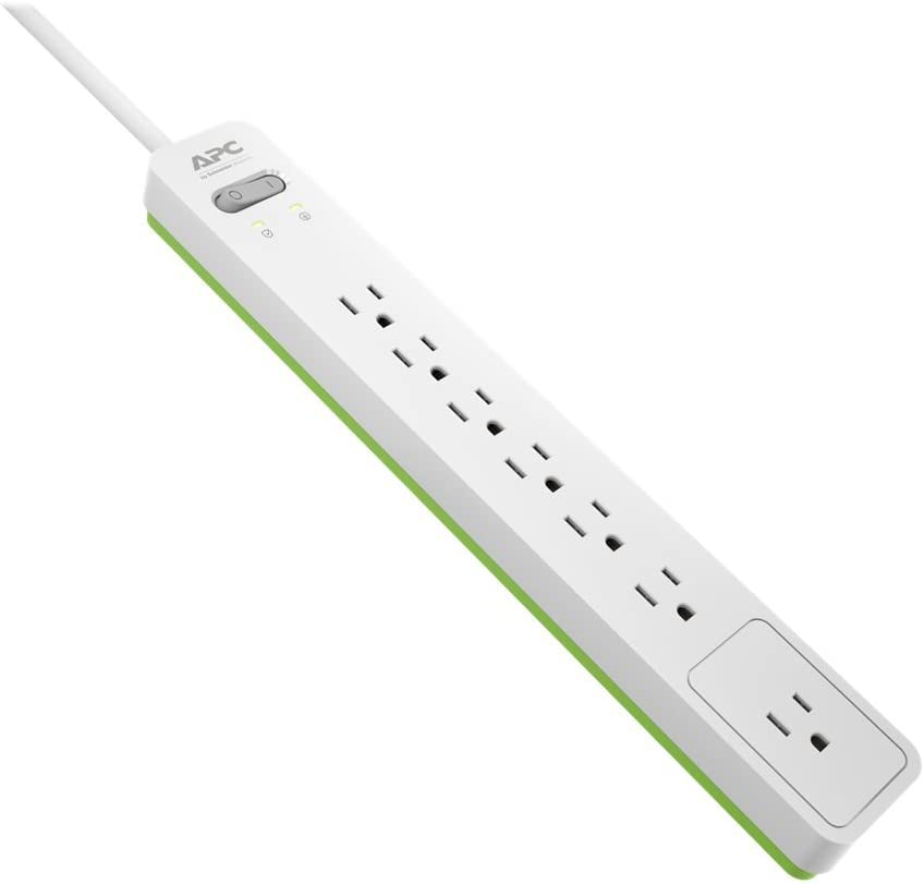 Power Strip Surge Protector, APC PE76W, 1440 Joule, Flat Plug, 7 Outlet Strip White/Green