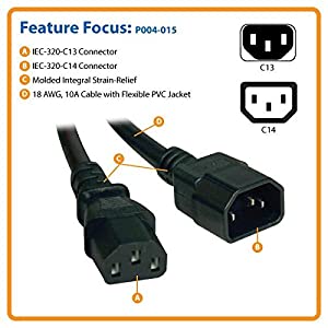 Tripp Lite Standard Computer Power Extension Cord 10A, 18AWG (IEC-320-C14 to IEC-320-C13) 15-ft.(P004-015) Black Black 15 ft.