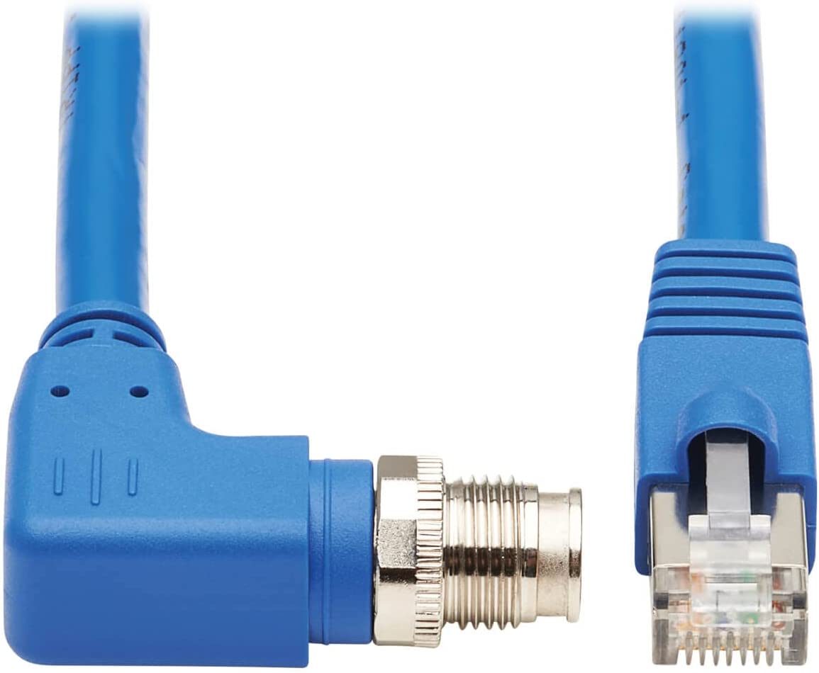 Tripp Lite M12 X-Code Cat6a Shielded Ethernet Cable, Right-Angle M12/RJ45 Cable, 10G F/UTP CMR-LP (M/M), IP68, 60W Power Over Ethernet, Blue, 6.6 Feet / 2 Meters, (NM12-6A4-02M-BL) Right-Angle M12 to RJ45 6.6 ft / 2M