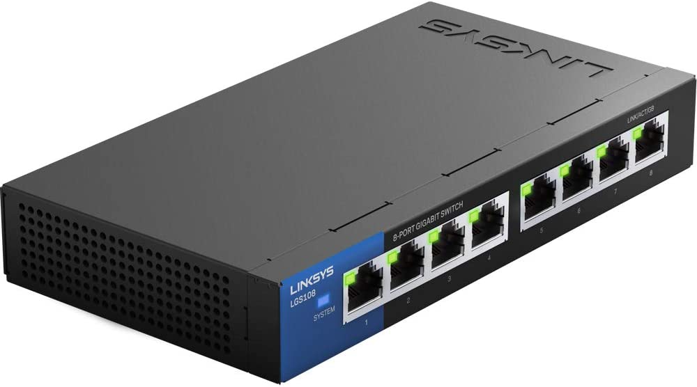 Linksys LGS108: 8-Port Business Desktop Gigabit Ethernet Unmanaged Switch, Computer Network, Wired Connection Speed up to 1,000 Mbps (Black, Blue) LGS108 - 8-Port - Unmanaged