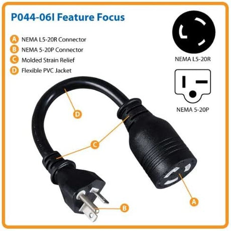 Tripp Lite Heavy-Duty Power Adapter Cord 20A, 12AWG (NEMA-L5-20R to NEMA-5-20P) 6-in.(P044-06I) Black