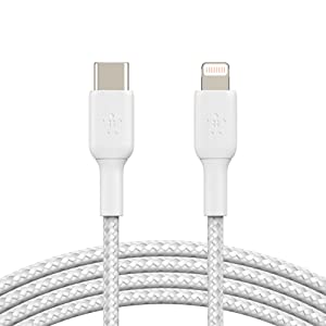 Belkin BoostCharge Nylon Braided USB C to Lightning Cable 3.3ft/1M - MFi Certified 18W Power &amp; BoostCharge USB C 30W GaN Wall Charger - iPhone Charger w/Power Delivery - iPhone Charger White 3.3 ft Braided USB C Cable + 30W Charger