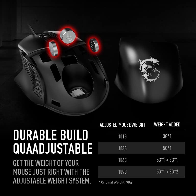 MSI Clutch GM20 Elite Gaming Mouse, 6400 DPI, 20M+ Clicks OMRON Switch, Optical Sensor, Adjustable Weights, Ergonomic Right Hand Design, RGB Mystic Light