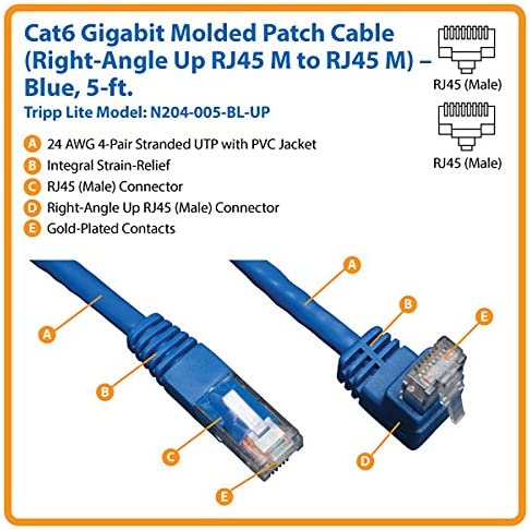 Tripp Lite Cat6 Gigabit Molded Patch Cable (RJ45 Right Angle Up M to RJ45 M) Blue, 5-ft.(N204-005-BL-UP) 5 feet Right Angle Up