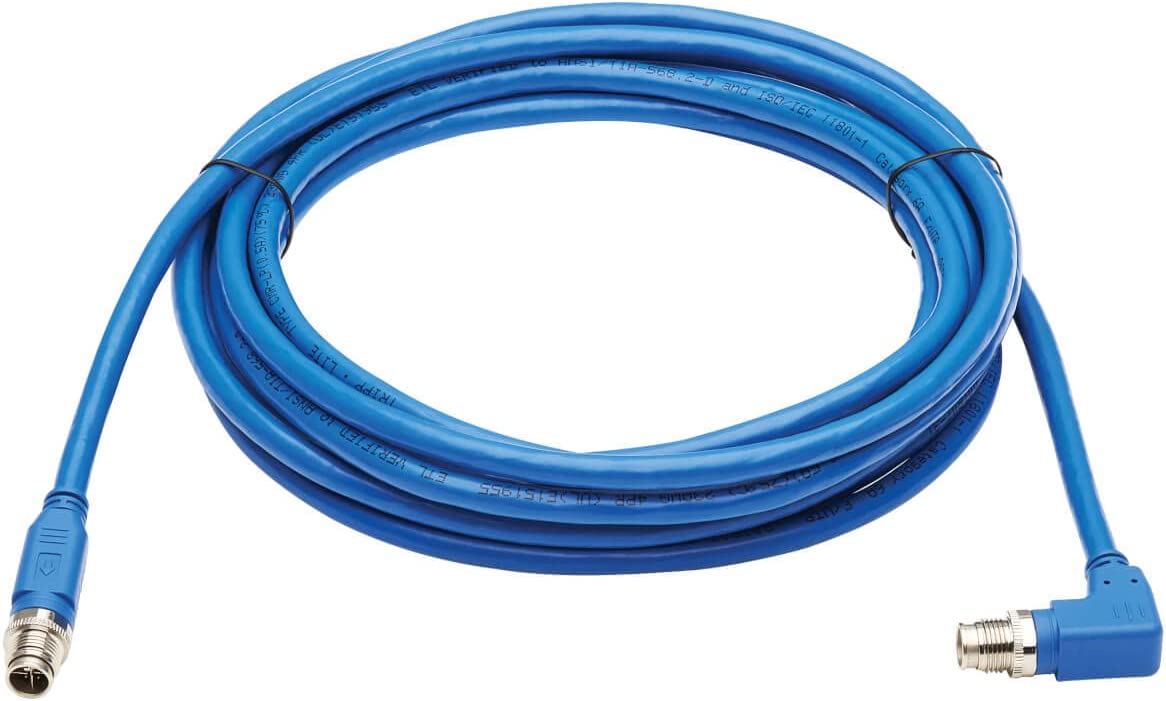 Tripp Lite M12 X-Code Cat6a Shielded Ethernet Cable, Right-Angle M12 Cable, 10G F/UTP CMR-LP (M/M), IP68, 60W Power Over Ethernet, Blue, 32.8 Feet / 10 Meters, (NM12-6A3-10M-BL) Right-Angle M12 32.8 ft / 10M