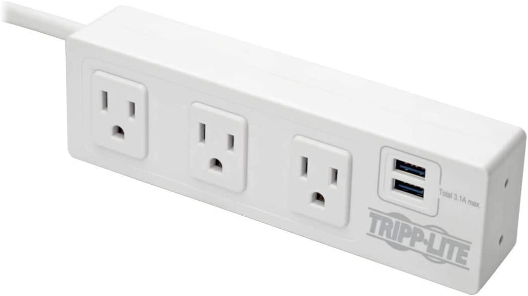 Tripp Lite Surge Protector Power Strip 3-Outlet with 2-Port USB Charging Ports, Desk Clamp, White 510 Joules (TLP310USBCW)