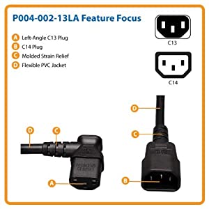 Tripp Lite P004-002-13LA 2 Feet C13 Left Angle to C14 AC Power Extension Cable